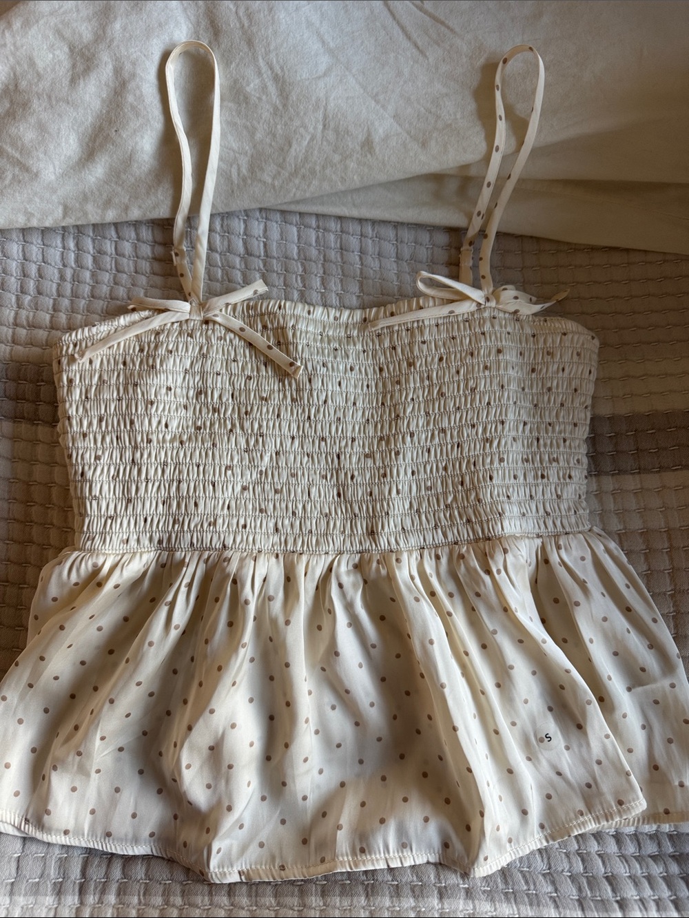 American Eagle Outfitters Cream Polka Dot Smocked Tank